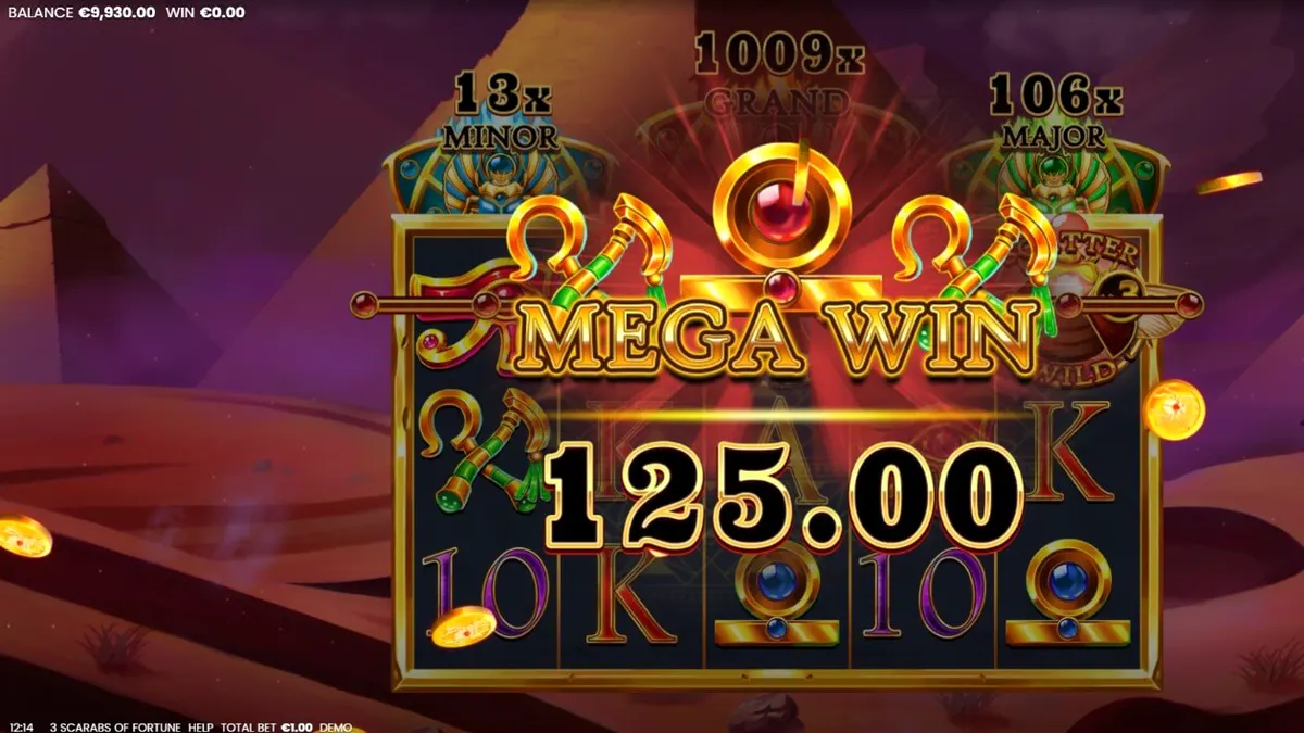 Tampilan visual mesin slot 3 Scarabs of Fortune dengan latar belakang piramida Mesir