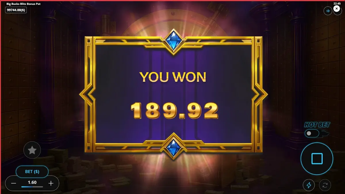 Tampilan visual mewah dari slot Big Bucks Blitz Bonus Pot dengan latar belakang brankas emas.