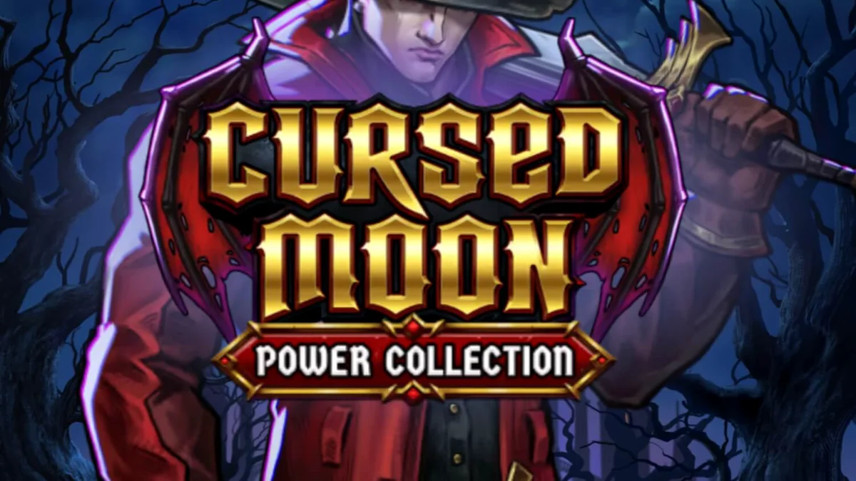 Pemandangan atmosferik dari slot Cursed Moon Power Collection dengan latar belakang hutan gotik dan pemburu monster.